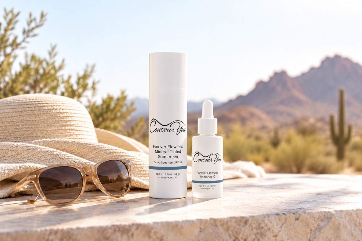 Contour You Forever Flawless Mineral Tinted Sunscreen SPF 50 and Radiance-C in a Scottsdale desert setting